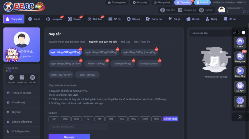 Các quy định nạp tiền EE88 cần biết